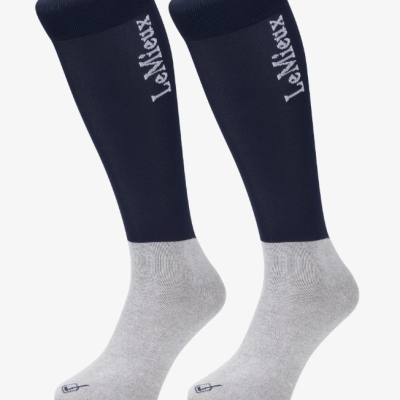 Meias compridas bicolor azul escuro e cinza claro com texto LeVelNorx