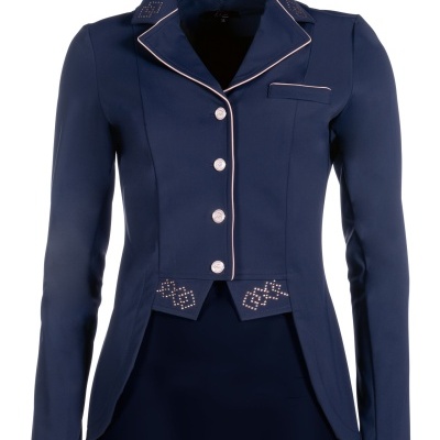 Casaco feminino azul marinho com botões e detalhes decorativos cor-de-rosa