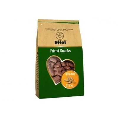 Pacote verde e bege de snacks Effol Friend-Snacks com snacks marrons em forma de sticks visíveis