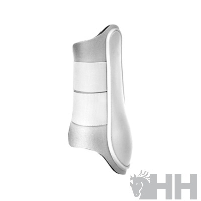 Proteção branca para perna de cavalo com tiras elásticas e fundo branco