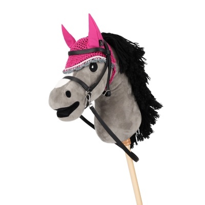 Cavalo de brincar de tecido cinzento com chapéu rosa e crina preta