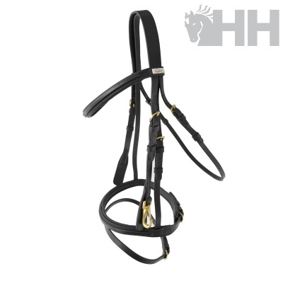 Cabresto de cavalo em couro preto com fivelas douradas