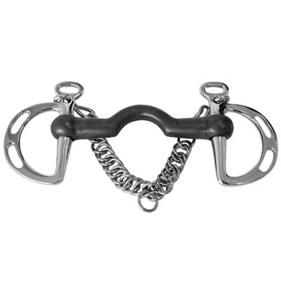 Freio metálico de equitação com boca preta e corrente