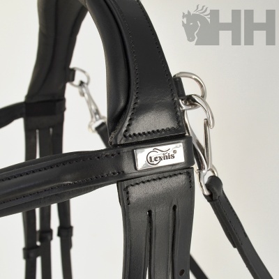 Bridão de cavalo em couro preto com ferragens metálicas prateadas e placa com o texto Lexhis