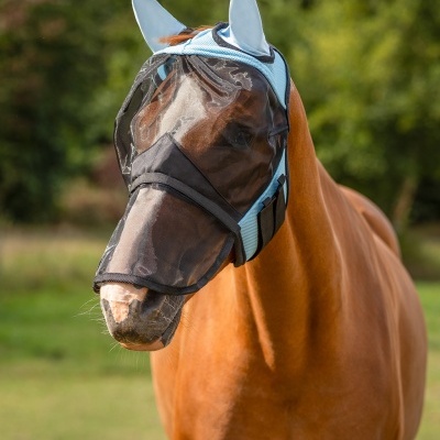 Máscara protetora azul claro e preta para cavalo castanho
