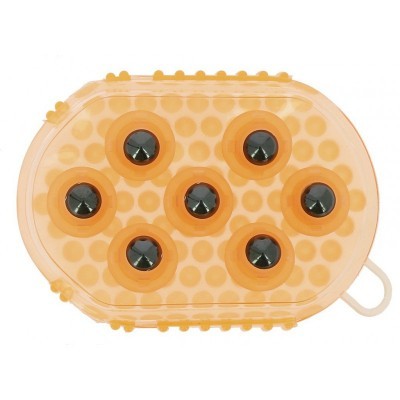 Massageador de mão oval laranja com esferas metálicas pretas