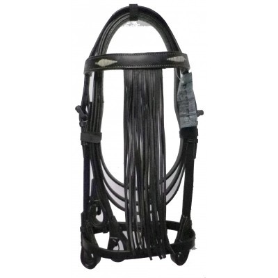 Bridão de couro preto com franjas longas penduradas