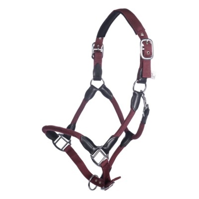 Cabresto para cavalo em nylon bordô com couro preto e fivelas metálicas