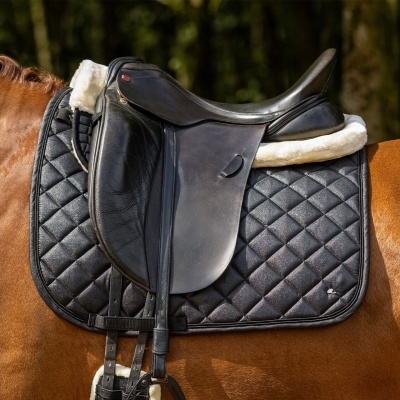 Sela preta em couro sobre cavalo castanho com manta almofadada preta e forro branco