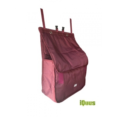 Mochila vermelha vinho e rosa em tecido com fechos plásticos e alças