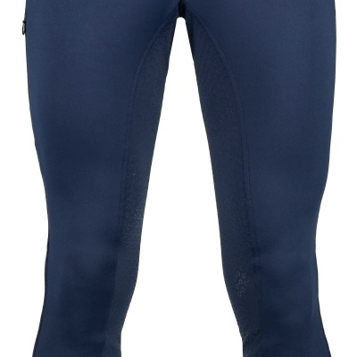 Calças justas azuis escuras para equitação com bolso e fecho