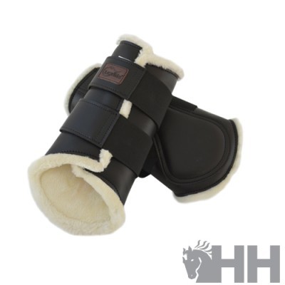 Proteções para equitação pretas com interior peludo branco e tiras ajustáveis