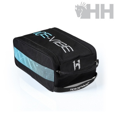 Saco de armazenamento preto com detalhes azuis e branco