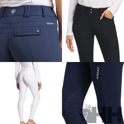 Calças equestres femininas branca, azul e preta com bolsos e texto ARIAT