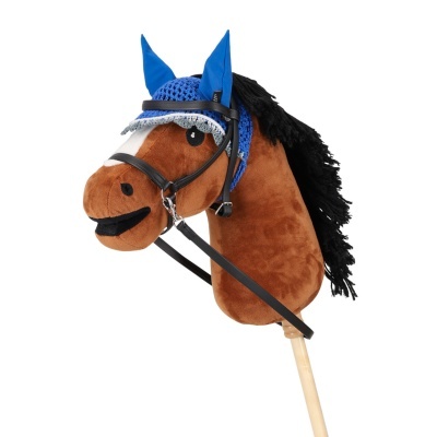 Cabeça de pelúcia de cavalo de pau castanha com acessórios azuis e pretos
