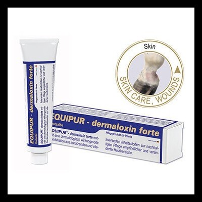 Tubo de creme EQUIPUR dermaloxin forte com embalagem azul, texto em alemão e selo com pata de cavalo e palavras Skin Care Wounds