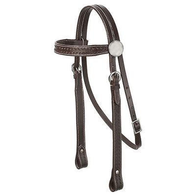 Cabresto de cavalo em couro castanho com costuras brancas e fivela prateada