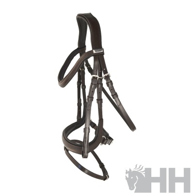 Bridão para cavalo castanho escuro com metal prateado e acolchoamento preto
