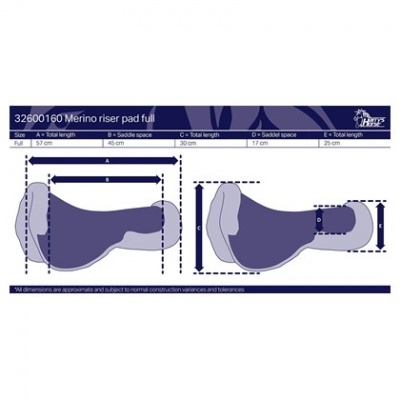 Ilustração técnica de pad para sela de cavalo Merino riser pad full com medidas em cm