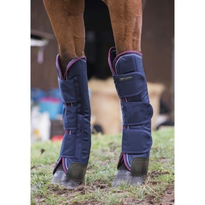 Perneiras azuis de proteção para patas dianteiras de cavalo, com detalhes rosas