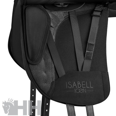 Sela preta de equitação ISABELL ICON com correias ajustáveis em fundo branco