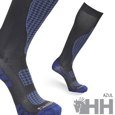 Meias desportivas pretas com detalhes azuis e padrão pied-de-poule