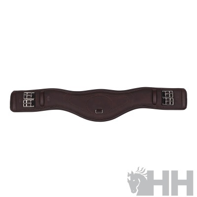 Cilha em couro castanho com fivelas metálicas duplas e costuras contrastantes