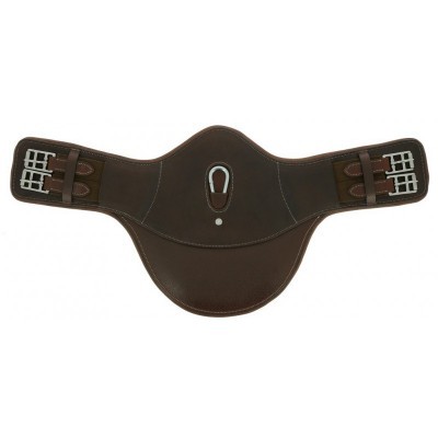 Cincha de couro castanho escuro com fivelas metálicas prateadas