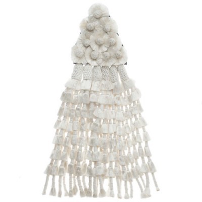 Cachecol branco e creme com pompons e franjas