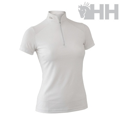 Camisola branca de manga curta feminina com fecho e detalhes perfurados