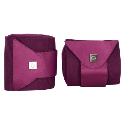 Dois elásticos roxos com fecho de velcro e placa metálica quadrada