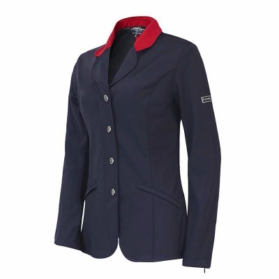 Blazer feminino azul escuro com gola vermelha e botões frontais