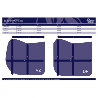 Tabela de tamanhos de mantas para selim com tamanhos e diagramas
