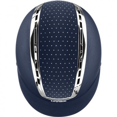 Capacete de equitação azul escuro com faixa de pontos brancos e detalhes cromados