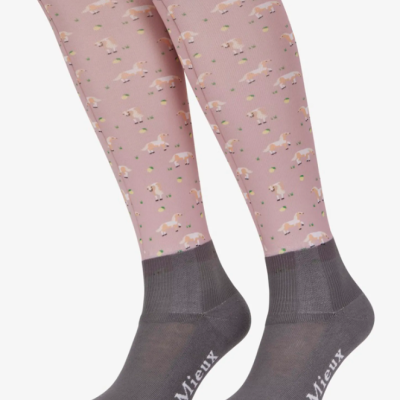 Meias compridas com padrão de pôneis cor-de-rosa e pés cinza com texto LeMieux