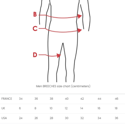 Esquema de medidas masculinas com tabela de tamanhos internacionais e medidas corporais em centímetros