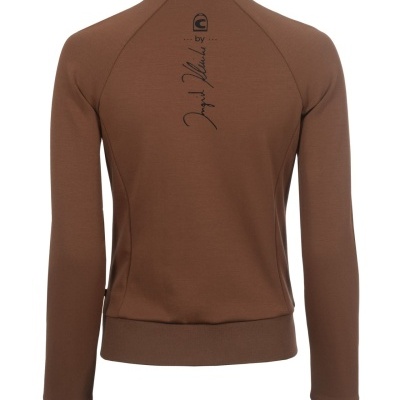 Casaco castanho de manga comprida com texto nas costas e punhos com riscas