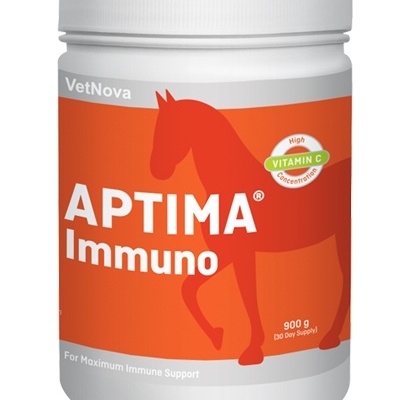 Pote de suplemento VetNova APTIMA Immuno para cavalos com rótulo laranja e branco