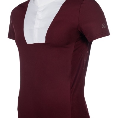 camisola de manga curta bordeaux com painel branco e gola alta branca