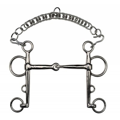 Freno equino metálico prateado com corrente e argolas