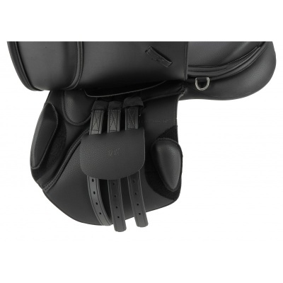 Sela de equitação preta em couro com fivelas e almofadas