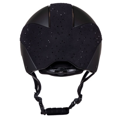 Capacete preto com pontos brilhantes e tiras ajustáveis