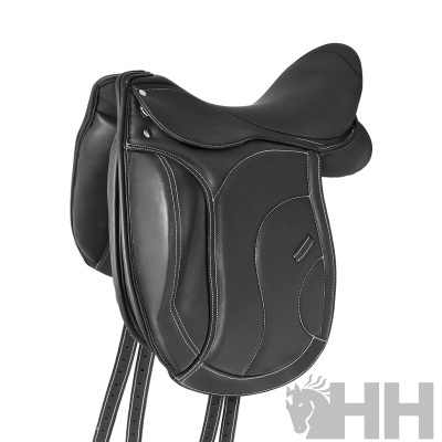 Sela de equitação preta com costura branca e design anatómico