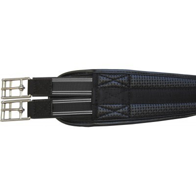 Cinta de equitação preta com duas fivelas metálicas e tiras elásticas com riscas cinzentas