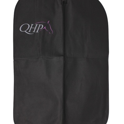 Saco de transporte preto com fecho e logo QHP lilás