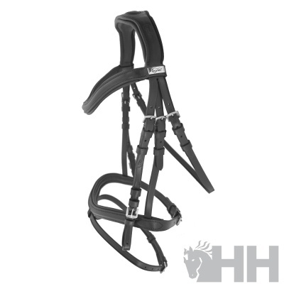 Bridão preto de cavalo acolchoado com fivelas metálicas e etiqueta HH