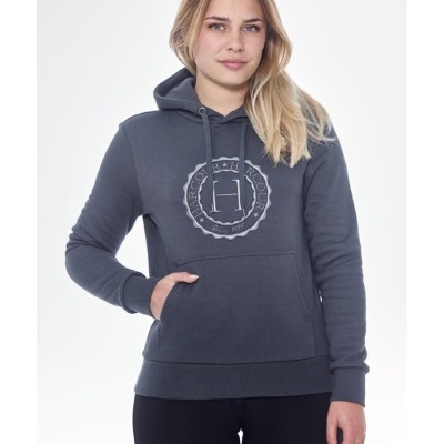 Sweatshirt cinzenta com capuz e logotipo de 'H' circular no peito