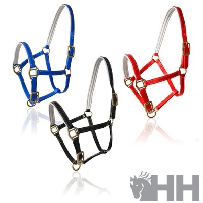 Três cabrestos para cavalos em nylon azul, preto e vermelho com fivelas de metal