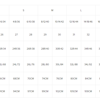 Tabela de tamanhos de calças com várias medidas para diferentes tamanhos