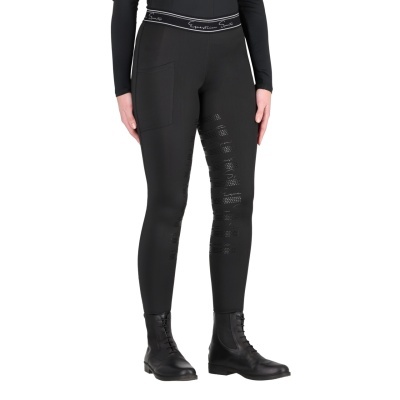 Leggings pretas para equitação com padrão antiderrapante e bolso lateral